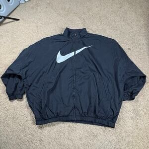 Nike Windbreaker Jacket Black White Big Swoosh Logo Mens Size XL Full Zip